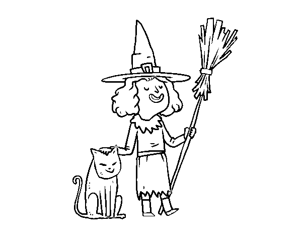 Desenho de Bruxa com gato de Halloween para Colorir