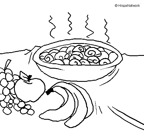Desenho de Fruta e caracois na caçarola para Colorir