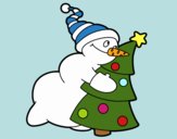 Boneco de neve abraçando árvore