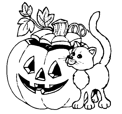 Desenho de Abóbora e gato para Colorir