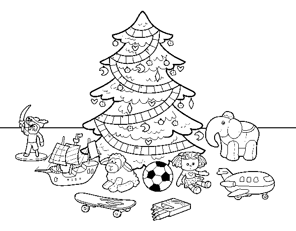 Desenho de Árvore de Natal e brinquedos para Colorir