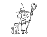 Desenho de Bruxa com gato de Halloween para colorear
