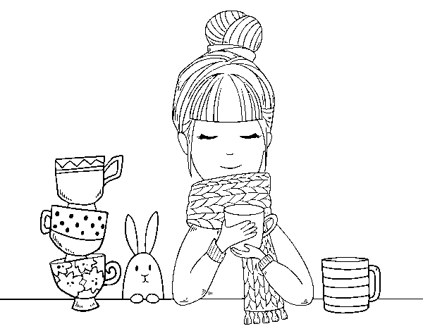 Desenho de Menina com lenço e xícara de chá para Colorir