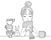 Desenho de Menina com lenço e xícara de chá para colorear