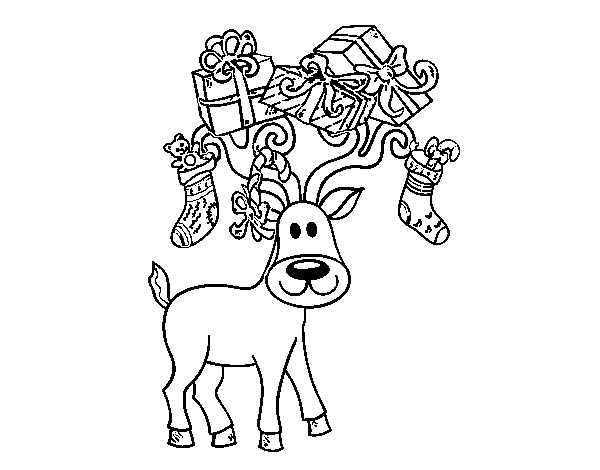 Desenho de Rena com presentes de Natal para Colorir