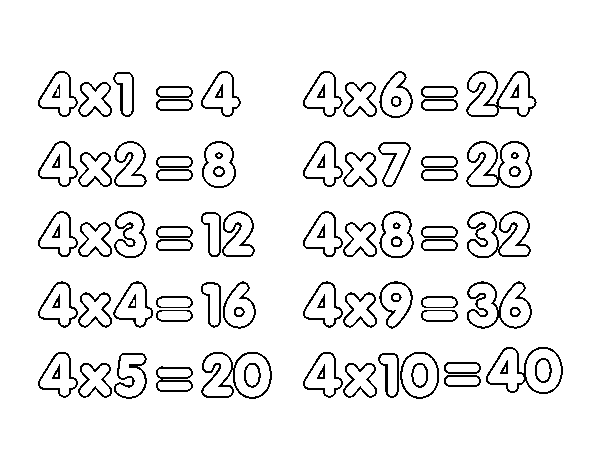 Desenho de Tabuada de Multiplicação do 4 para Colorir